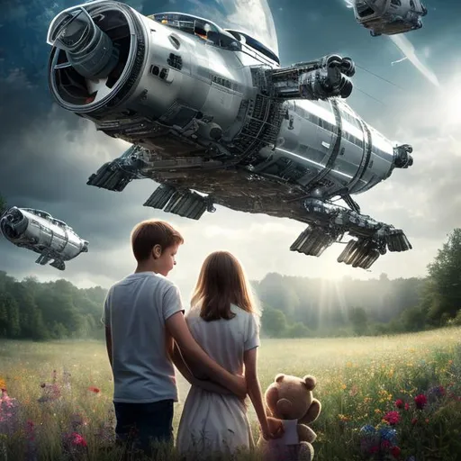 Prompt: UHD photorealistic rendering huge Family spacecraft with communications array and beacon lights hovering over meadow girl in foreground holding teddy bear