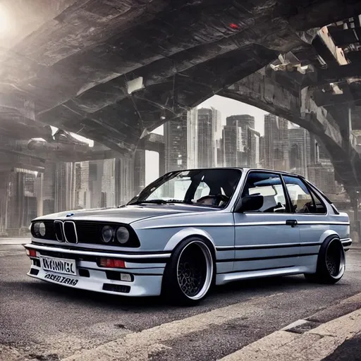Prompt: customised bmw e30 with widebody.  at night time under a bridge, in a futuristic dark cyberpunk city with skyscrapper and building  covered in light in the background.