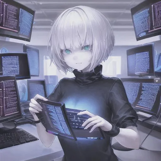 Prompt: hacker girl with short white hair at the computer is coding