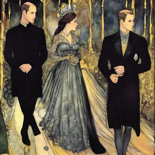 Prompt: Prince william and kate in style illustrator John Albert Bauer