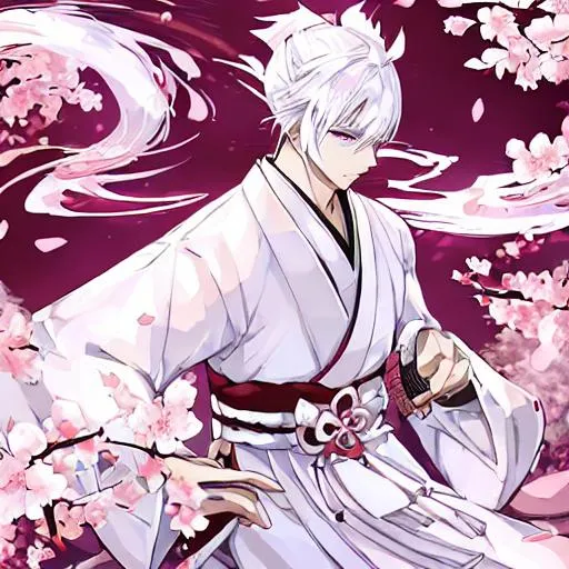 White haired young samurai with full white haori usi... | OpenArt