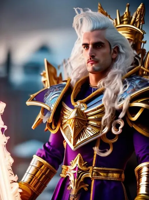 Prompt: Fulgrim, warhammer 30000, hyperrealistic, white hair, purple and gold armor, glowing sword, handsome, hyperdetailed