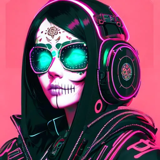 Prompt: detailed portrait Neon guitar, sugar skull makeup, cyberpunk futuristic neon, reflective, decorated with traditional Japanese ornaments by Ismail inceoglu dragan bibin hans thoma greg rutkowski Alexandros Pyromallis Nekro Rene Maritte Illustrated, fine details, realistic