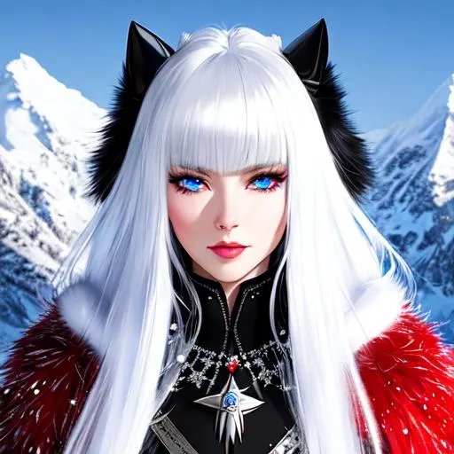 Prompt: standing in the snow, realistic, glamorous fashion photography, pretty female with long black fur coat with red embellishments, silver armor mixed into the coat, long white hair streaked with black and silver, ice blue eyes, very pretty, arms crossed, background is a snowy mountainside, a sense of depth and dimension achieved through a shallow depth of field, a captivating display of elegance and allure --ar 9:16 --q 2 --upbeta --niji 5