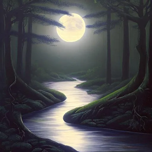 Prompt: magical river running through a dark forest with two moons in eclipse