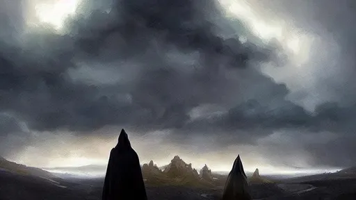Prompt: fantasy concept art by greg rutkowski, hooded figure in the  foreground looks out over a luminous landscape, phosphorescence, ominous sky, dense lightning, fog, Scotland, exegol, rock outcroppings,  gestural oil painting style, backlit, cinematographic morning light, artstation hq, 