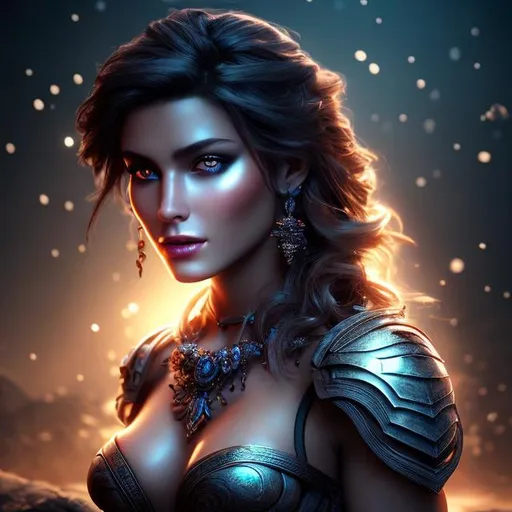 Prompt: HD 4k 3D 8k professional modeling photo hyper realistic beautiful barbarian woman ethereal greek goddess of ruthlessness
short navy blue hair dark eyes gorgeous face pale skin scantily clad tattoos headpiece full body surrounded by magical glowing  light hd landscape background barren landscape weapons snakes