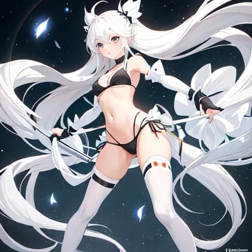 Prompt: hot anime girl with long white hair wearing a small white bikini and thin soft black leggings