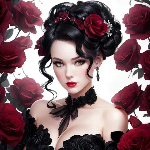 Prompt: Beautiful woman portrait wearing a black evening gown,  black hair, dark eyes, ruby jewelry,elaborate updo hairstyle adorned with flowers, facial closeup