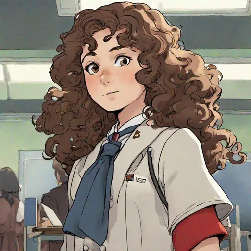 Prompt: Nyssa of Traken from Doctor Who with curly brown hair, in a japanese school uniform, by Hayao Miyazaki