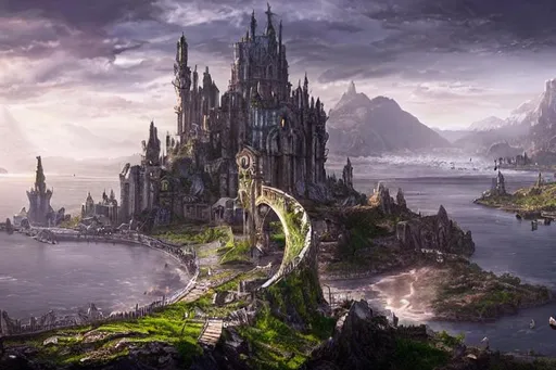 Prompt: cinematic composition, hyper realistic, highly detailed, concept art, dynamic range, depth of field,  Elven city on the shores of a crescent shaped bay with a single island in the middle with a large tower

