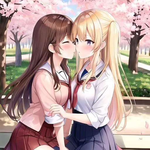 Prompt: Caleb (brown hair) and (Haley, blonde hair,  wearing a Japanese school uniform) on a date at the park, kissing, under the cherry blossom trees

