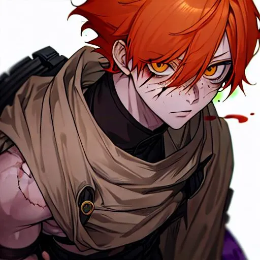 Prompt: Erikku male adult (short ginger hair, freckles, right eye blue left eye purple) UHD, 8K, Highly detailed, insane detail, best quality, high quality, anime style, covered in blood, covered in cuts, scars,