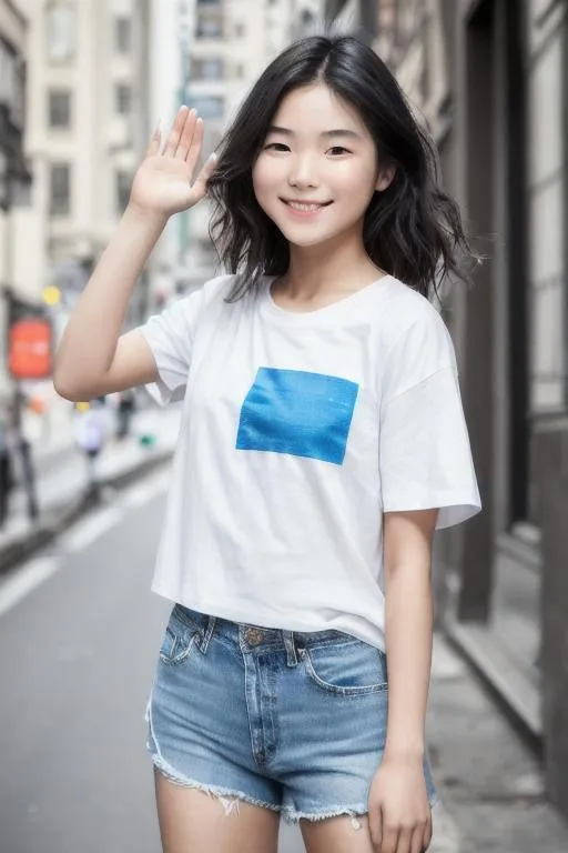 Prompt: 1girl, 8k, semi-realistic, masterpiece, korean face, 20yo, ,smile, wave hair, (white T-shirt, blue jeans), on street, full body, look on camera, nice pose