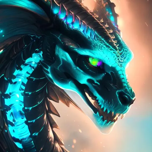 Prompt: Watercolor portrait of a roaring neon skeleton dragon with iridescent black markings and a cute face, perfect composition, hyperrealistic, super detailed, 8k, high quality, trending art, trending on artstation, sharp focus, studio photo, intricate details, highly detailed, by greg rutkowski, illustration, watercolor