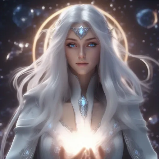 Prompt: 3d anime woman dnd a elven woman with long flowing silver hair and glowing white eyes wearing galaxy robes full HD 8k raw