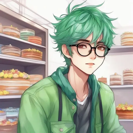 Prompt:   anime boy manhwa style cute and pretty, with eye pretty detailed,  slide of cake , with green hair, Bright style, Wear glasses 
