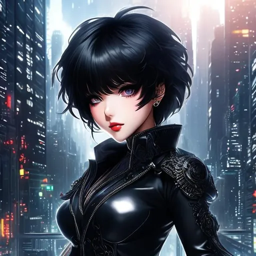 Prompt: ((Best Quality)), ((The masterpiece)), a goth girl with fluffy hair with bangs, thick thighs, ((beautifully detailed face and large eyes)), in the middle of a futuristic city