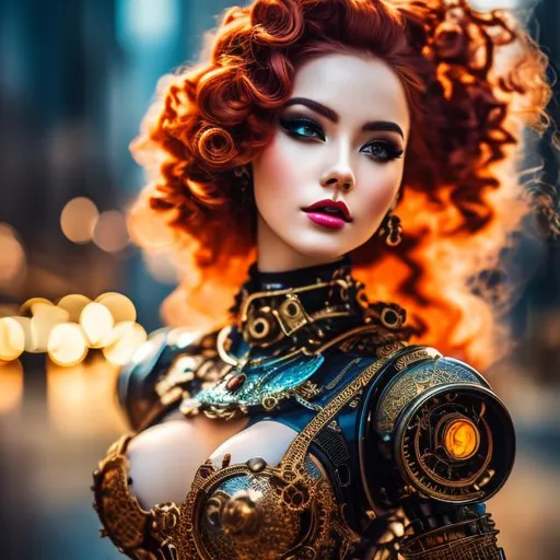 Prompt: Please produce a photograph of a steampunk robotic beautiful female android, red-haired, with fantasy colors, flashy lights, daylight background, high quality, trending art, trending on artstation, sharp focus, studio photo, intricate details, highly detailed, UHD, HDR, 8K, ((Masterpiece))