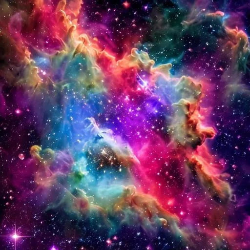 Prompt: Radiant nebula, star clusters and gas clouds shining brightly, celestial, otherworldly, abstract, space art