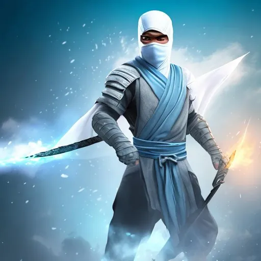 Prompt: Male hero. White ninja. Using wipe in blue sky.