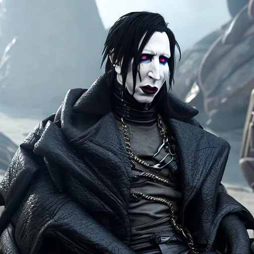 Prompt: Marilyn Manson is in a scifi dystopian planet world. jagged mountainous landscape. 
snake around his left arm. He is snuggling it as his pet. Manson wears black outfit_scifi. 