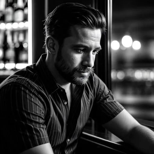 Prompt: man sitting at a lonely bar, uhd, 4k, portrait quality, black and white