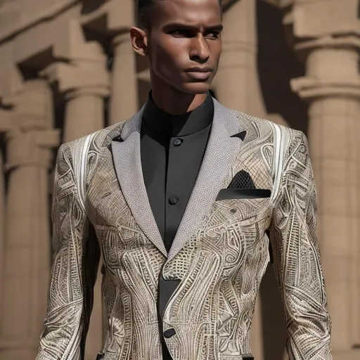 Prompt: Ablack men's suit filled with pharaonic writing blending with a modern cut 