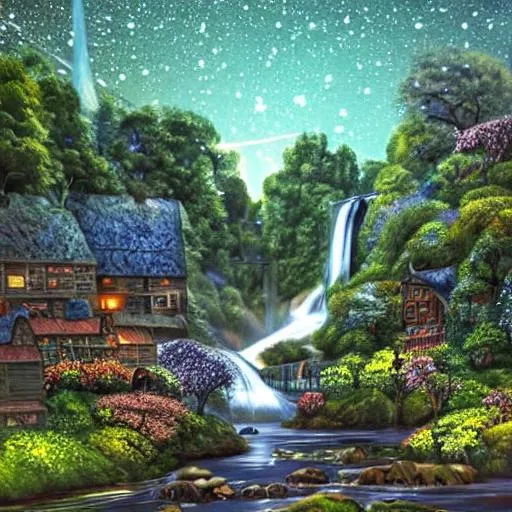 Prompt: The old village is nestled amongst the trees, with a river running through it and a waterfall cascading down the rocks, The plants and flowers are in bloom, and the night sky is clear, with the stars and galaxies shining bright, The clouds are dynamic and ever-changing, adding to the beauty of the scene, realistic and natural, detailed full-color, nature, hd photography, galen rowell, david muench, james mccarthy, hirō isono, realistic surrealism, elements by nasa, detailed, gloss, hyperrealism, hyperdetailed