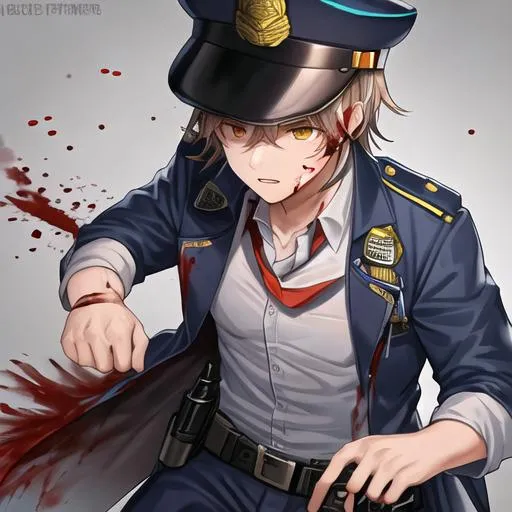 Prompt: Caleb as a police officer in a gunfight bullets flying, wounded, covered in blood
