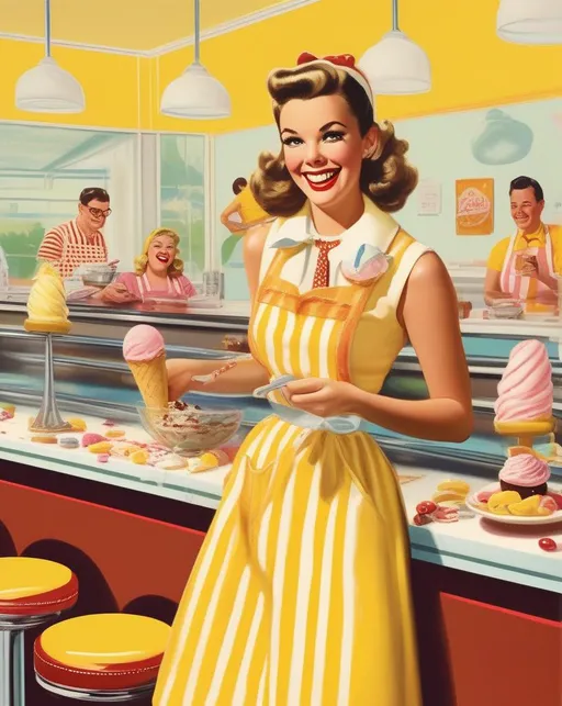 Prompt: A playful retro ice cream parlor scene for Banana Split Day with a yellow and white striped counter and 60s style stools where a smiling woman in a yellow dress and white apron prepares an over-the-top colorful banana split sundae under warm incandescent lighting, loaded with scoops of ice cream, bananas, chocolate sauce, sprinkles, whipped cream, and a cherry on top, styled with a 35mm lens to have a bright fun mood. 