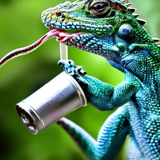 Prompt: A realistic lizard drinking from a sprite can with octopus tentacles