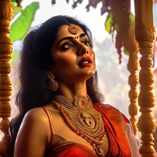 Prompt: Real picture in
 bright lighting, a hot woman  standing, full body 
, bare back, transparent wet white saree, bindi and bangles and mangalsutra, zoomed out, full body, detailed facial expression, inviting look, sexual tension, 
Deep cleavage. Straight and narrow nose. Kissing apple.