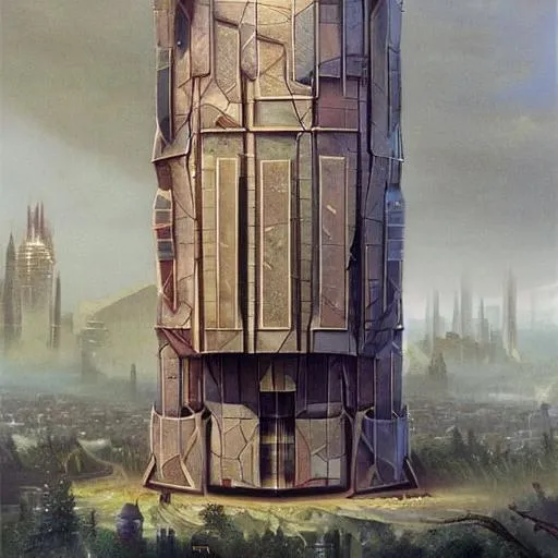 Prompt: Fantasy arcology, single building, geometric, painting, 