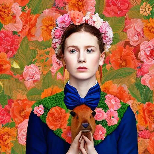 Prompt: Portrait of a girl next to a capybara, in the style of a Frida Kahlo painting, realistic, iPhone X