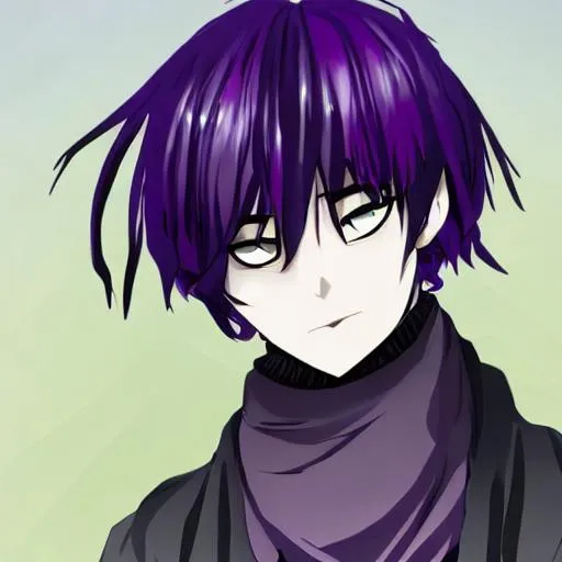 Prompt: an anime boy with serious face with black and purple hair and pure black scarf that covers the mouth with purple background