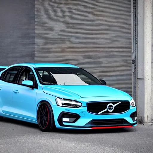 Prompt: sporty modified Volvo s60 polestar in light blue with huge splitters and a big rear wing, neon blue lights behind the car, smoke around the car, huge wheels thin tyre sidewalls,
