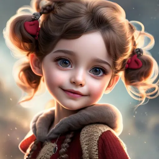 Prompt: an aldult with Pigtails soft brown wavy hair, soft brown eyes with red untertone, realistic, digital art, 64k