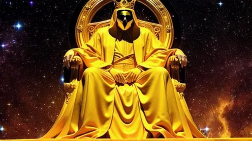 Prompt: The King in Yellow, starring at the stars, sitting on his golden throne amidst endless voids, close up, looking at the camera, shrouded face, yellow robe, tentacle, no face shown, faceless, no features at the face, yellow tones