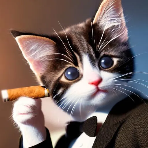 Prompt: kitten in a suit smoking a cigar
