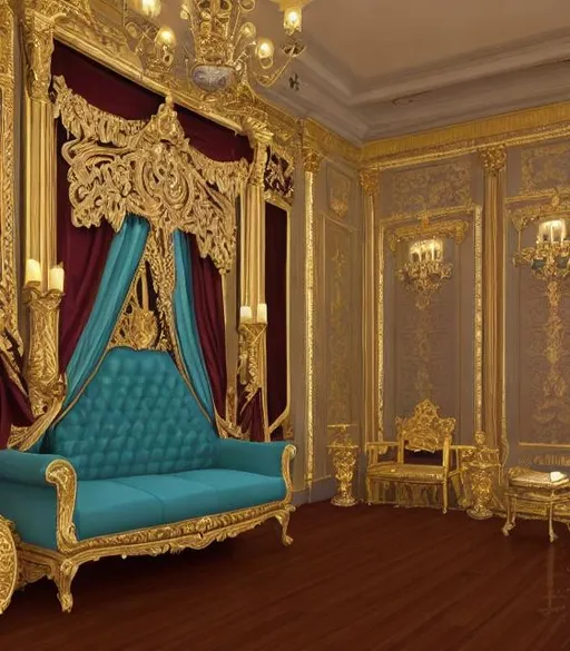 Prompt: A 3D render of a teal rococo royal court, with a large, ornately decorated throne room in the center. The walls are covered in intricate gold leaf patterns, and the floor is made of polished marble. The throne is made of dark wood and is decorated with gold and jewels. The room is filled with people in elaborate costumes, and there is a sense of luxury and opulence.