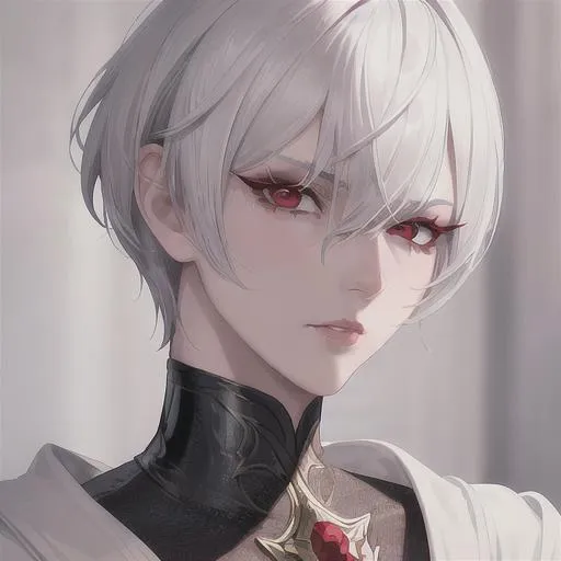 Prompt: "A close-up photo of a handsome girl with short pixie style hair, white hair, red eyes, wearing a kings robe, in hyperrealistic detail, with a slight hint of disgust in her eyes. His face is the center of attention, with a sense of allure and mystery that draws the viewer in, but her eyes are also slightly downcast, as if a sense of disgust is lingering in her thoughts. The detailing of his face is stunning, with every pore, freckle, and line rendered in vivid detail, but the image also captures the subtle emotions of disgust that might lie beneath her surface."