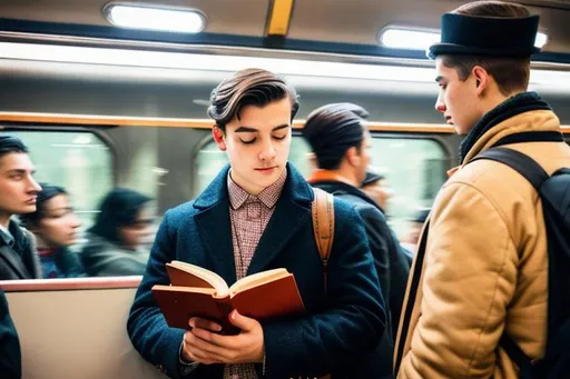 Prompt: vintage boy with a medium hair reading a book on a train crowded by people listening to music by headphones on, many people standing and using phones around him, people taking pictures of him, realism, night, low light, 8k, focus, beautiful pretty girl, people standing around a standing girl with opened eyes, side camera, opened eyes