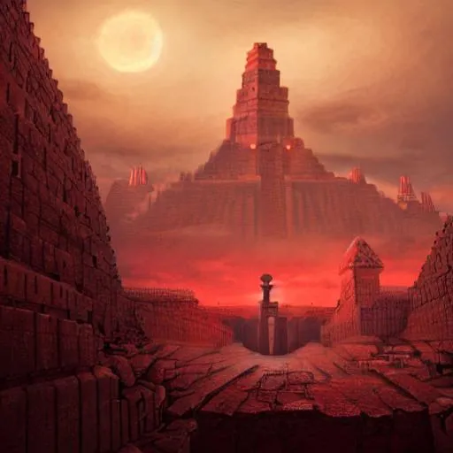 Prompt: babylonian ziggurat, dark fantasy, cinematic, highly detailed, digital matte painting, artstation, concept art, sharp focus, illustration, red sky
