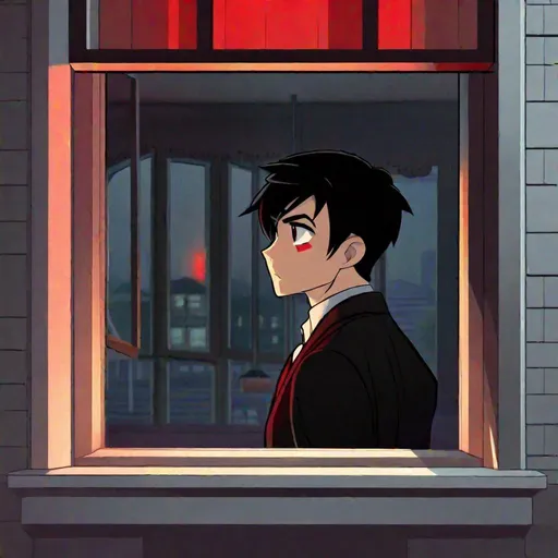 Prompt: Damien  (male, short black hair, red eyes) staring out the window, stalking, unsettling