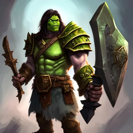 Prompt: greenorc , shoulderarmor, twohandaxe, 
