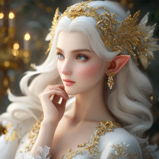 Prompt: beautiful photograph of most beautiful fictional, elf, goodnes, angelic, White and golden, extremely, detailed environment, detailed blur background, intricate, detailed skin, natural colors , professionally color graded, photorealism, 8k, moody lighting.