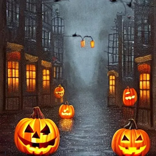 Prompt: Rainy fall night in city, pumpkins, street lanterns, Halloween, spooky, cobblestone streets, surrealism painting 