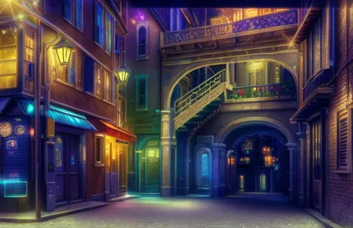 Prompt: digital super-detailed photorealistic picture, illustration, rough looking back alley at night ,Holographic effect on solid surfaces. Composition, Structures, Edges are based on Fractals and Fibonacci set