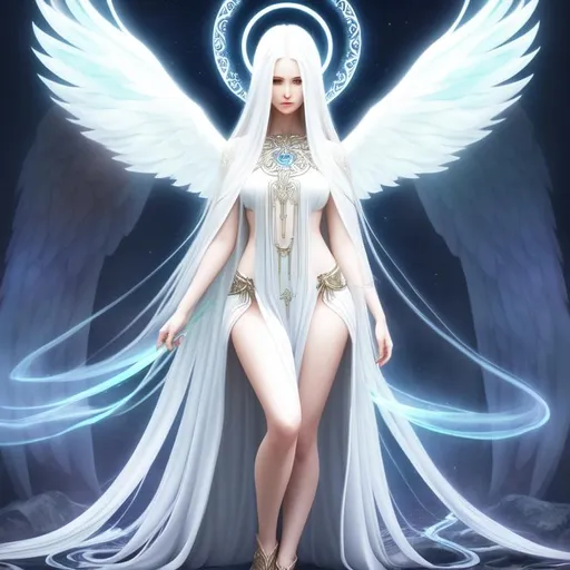 Prompt: ((druid)), female, angel wings, halo, long hair, pale skin, symmetrically colored hair, ((full body)) {{good looking}} {{cute}} {{good body}} {{tight}}, {{shadows}},